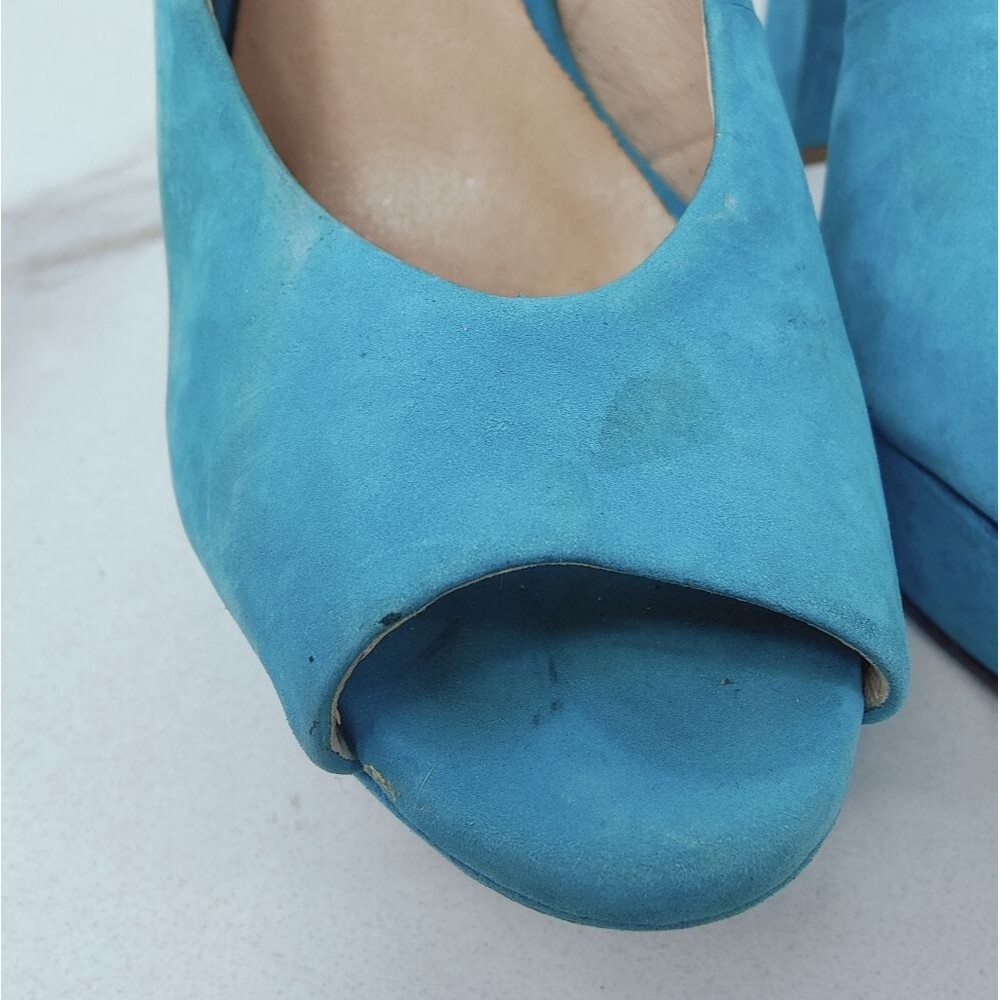 Schutz Turquoise Leather Textile Y2K Style Chunky Platform Peep Toe Heels, 7 - Picture 5 of 15